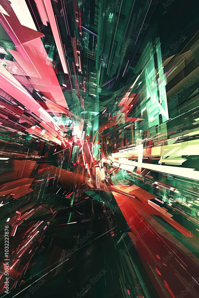 Poster merge the essence of abstract art with futuristic elements using unique camera angles in a tilted vi