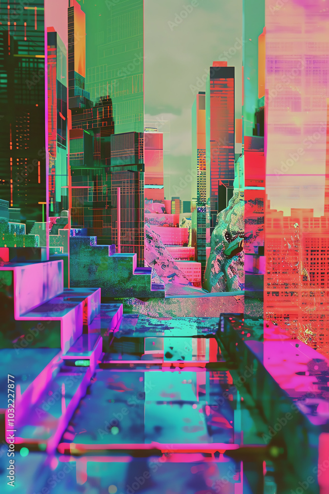 Poster merge the essence of abstract art with futuristic elements using unique camera angles in a tilted vi