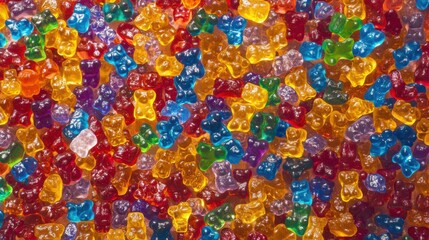 Fototapeta premium A background completely filled with brightly colored gummy bears, packed tightly together to create a fun, playful, and sugary surface.