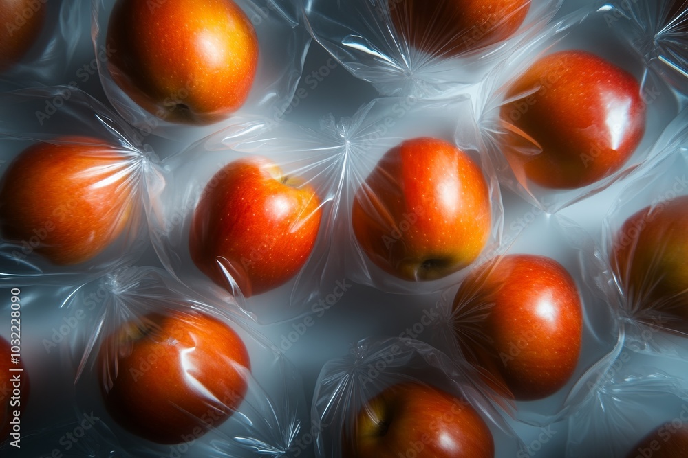 Poster overhead view of transparent bags displaying vibrant red apples on light gray background