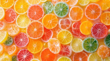A background completely filled with assorted candied fruit slices, packed tightly together to create a vibrant, sugary surface with bright colors.