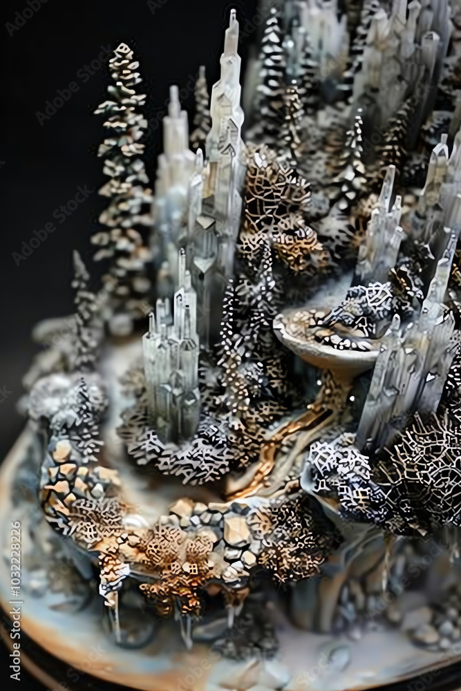 Poster produce a clay sculpture depicting an aerial perspective of a crystalized wilderness emphasize intri