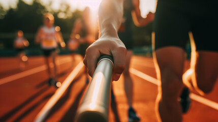 Athlete gripping a relay race baton in warm sunlight on the track.

