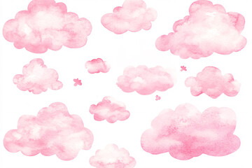 Watercolor pink clouds of varying sizes floating across a white background, forming a soft and peaceful, dreamlike scene
