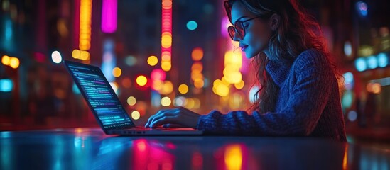 Woman using laptop at night with neon lights in the background.