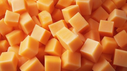 A tightly packed field of cantaloupe cubes and slices, their soft orange tones filling every corner of the frame.