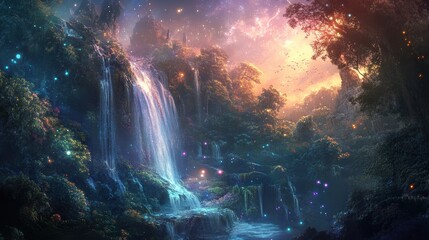 Magical waterfall in a glowing forest.