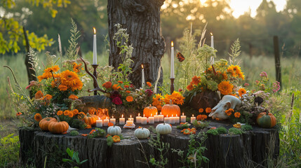 Outdoor Samhain altar with candles, pumpkins, and a deer skull.