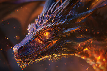 Transform a majestic dragon, with shimmering scales and glowing eyes, integrating seamlessly with holographic computer interfaces Digital rendering, photorealistic
