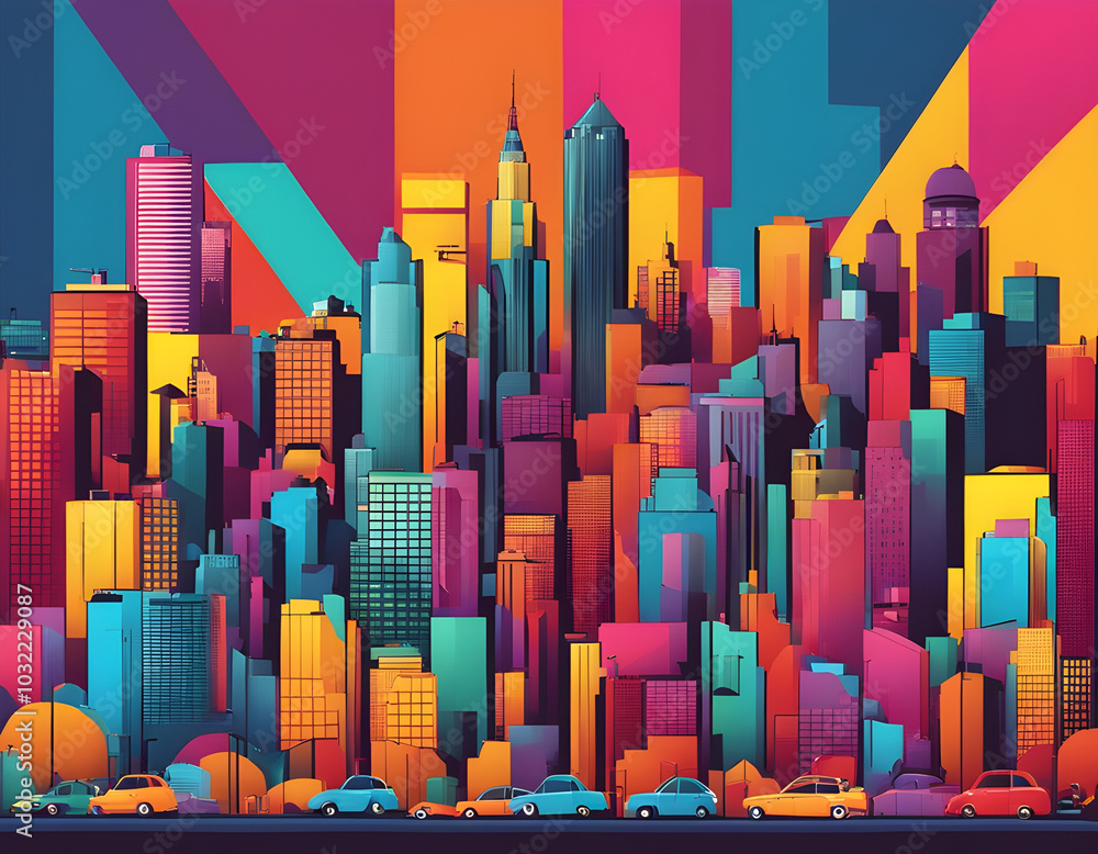 Wall mural colorful city with cool isolated pop art style background