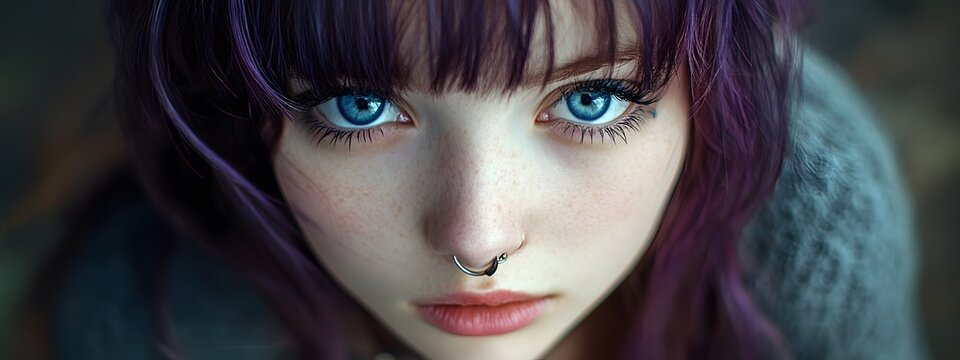 A girl with black and purple hair, blue eyes, a nose ring, pale skin, and dark, emo style