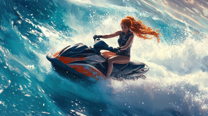 Artistic illustration of jetski in water. Summer tropical sports.