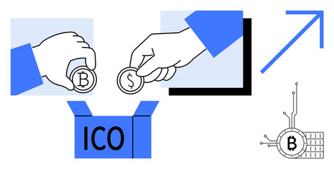 Hands place coins marked with dollar and bitcoin signs into an ICO box. Bitcoin network symbol, growth arrow. Ideal for ICO, cryptocurrency, blockchain, fintech, investment. Colorful, contemporary
