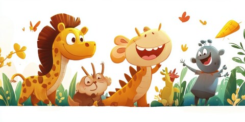 Fototapeta premium Smiling cartoon animals in a jungle setting.