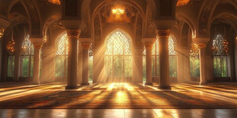 Fototapeta premium Ornate interior with sunbeams shining through windows.