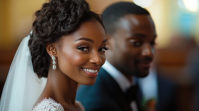 A beautiful African American bride smiles brightly at the camera as she sits next to her groom during their wedding ceremony. - Powered by Adobe