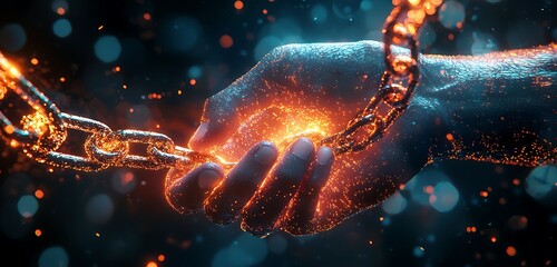 Hand holding a luminous chain link, highlighting blockchain's secure interconnectedness.