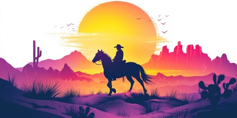 Naklejka premium Cowboy riding a horse through desert at sunset.