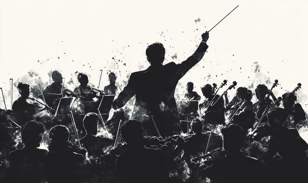 Artistic of a conductor leading a symphony orchestra, with baton raised, amidst a sea of musicians immersed in their instruments, conveying the power and grandeur of orchestral, Generative AI