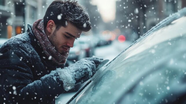 Fototapeta A young man dressed warmly is focused on clearing snow from his car windshield while gentle flakes fall around him. The bustling street is softly blurred, hinting at the winter activity nearby.