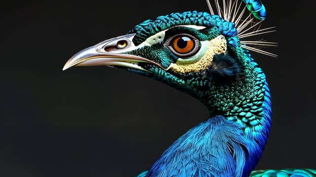 Close-up of a vibrant peacock with striking plumage, detailed portrait. Exotic wildlife and nature beauty concept.