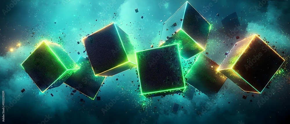Poster abstract image of glowing cubes in a digital space. the green and yellow lights create a surreal and
