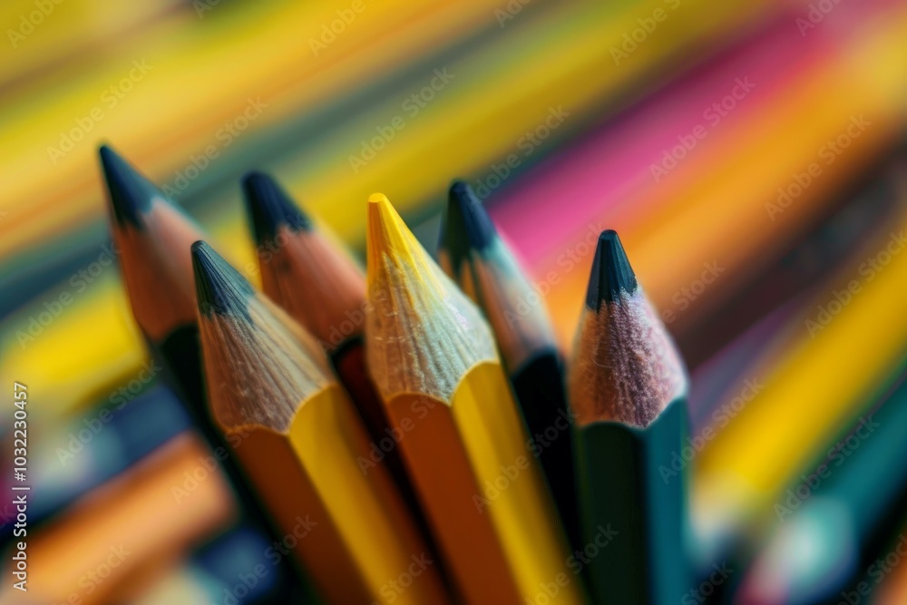 Poster macro photograph of sharpened pencils pointing up with a colorful background of blurred pencils