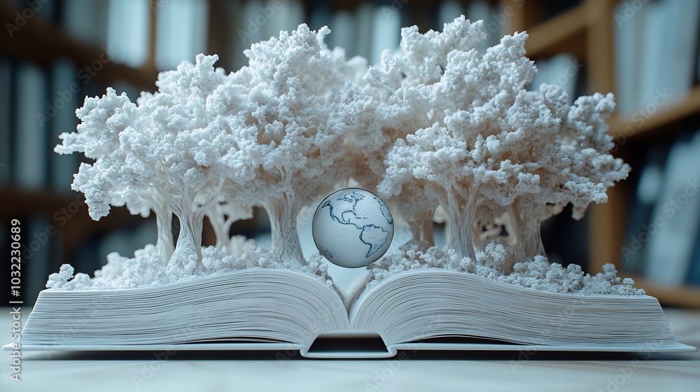 Poster elegant 3d rendering for world book day featuring a clean white background with an open book display