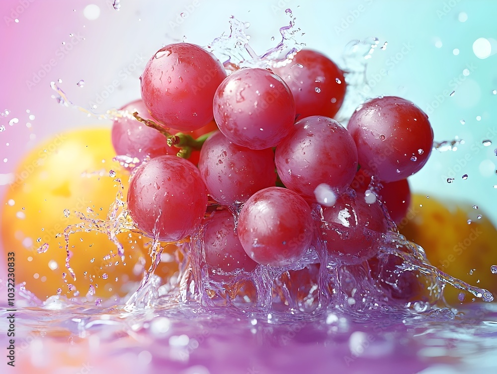 Poster a bunch of red grapes splash into water, creating a vibrant and refreshing scene.