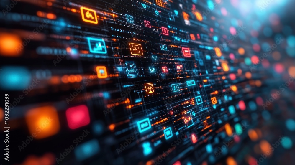 Poster a digital background with various icons and symbols in a futuristic style, glowing with orange and b