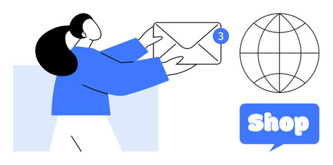Woman holding an envelope with notification, a globe and shop speech-bubble. Ideal for online communication, digital marketing, global connectivity, e-commerce, and customer engagement. Cartoon