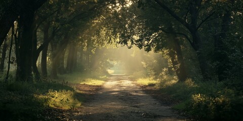 Obraz premium A serene forest path flanked by tall trees with sunlight creating a calm, inviting natural ambiance.