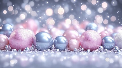 Elegant Pastel Christmas Baubles Background. Festive illustration of pink and silver Christmas baubles with glitter and bokeh, creating a luxurious holiday atmosphere