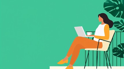 A woman sitting comfortably on a chair, using a laptop and holding a cup, surrounded by green leaves on a vibrant background.