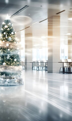 A modern dreamy Christmas tree with elegant decorations and white lights in a professional environment of a modern building. Blurred winter Christmas interior environment.