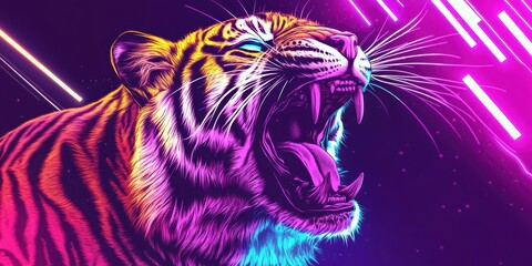 Neon tiger roaring against purple background.