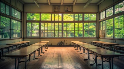 Empty Classroom, japanese school tables and chairs
