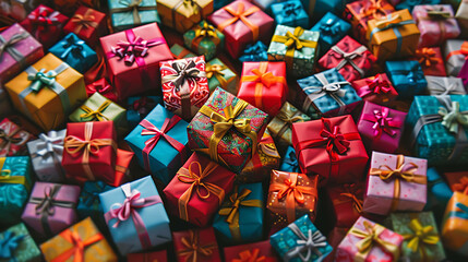 Fototapeta premium A beautiful array of colorful wrapped presents with ribbons and bows. Perfect for a festive background or holiday greeting.