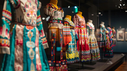 A variety of Native American dresses are displayed in a museum.