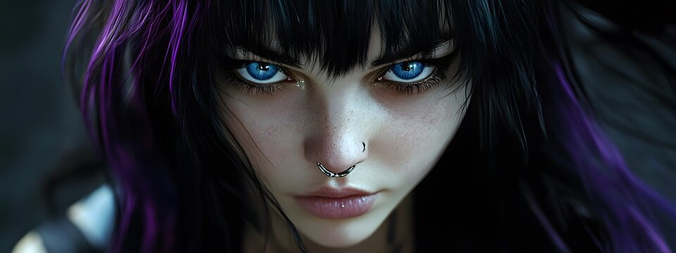 A girl with black and purple hair, blue eyes, a nose ring, pale skin, and dark, emo style