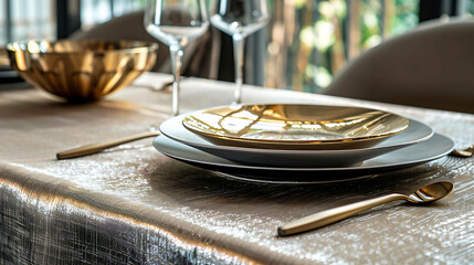 Elegant place setting with gold and white plates and cutlery on a shimmering tablecloth.