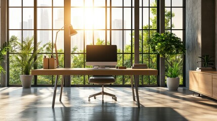 Modern office desk with computer and plants.