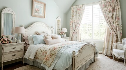 A bedroom with a white bed frame, floral bedding, and a floral print curtains.