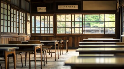 Empty Classroom, japanese school tables and chairs
