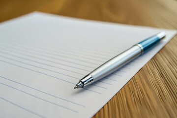 Silver and blue ballpoint pen is lying on a blank sheet of lined paper on a wooden desk, ready for writing