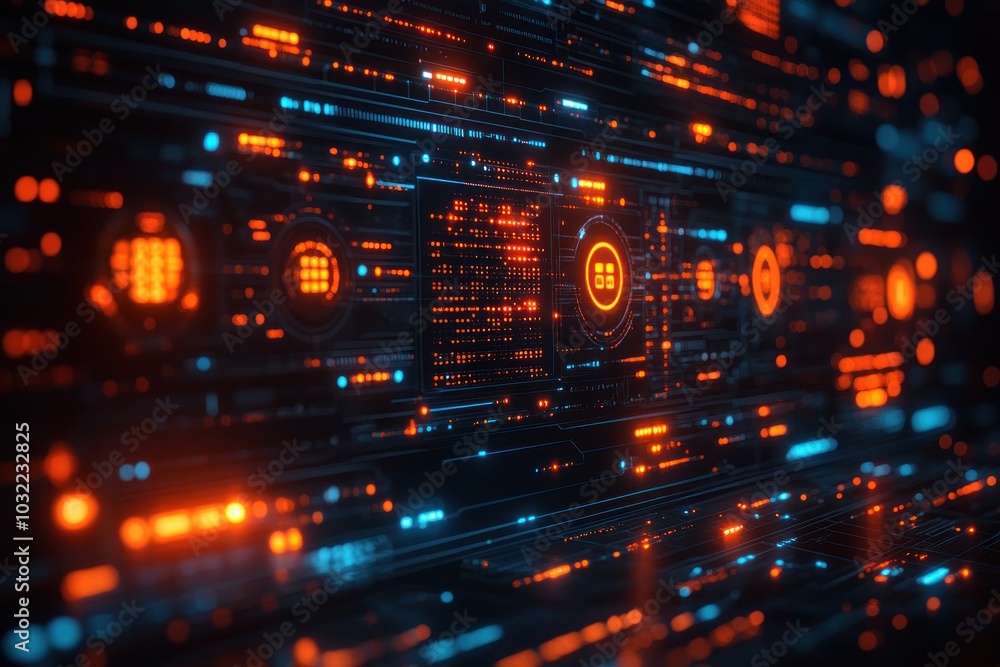 Aufkleber abstract digital data visualization with glowing orange and blue lines, circuits, and interfaces on 