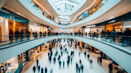 Airport or station lobby with crowd of people movement. Urban fast pass scene. Modern shopping mall interior with blurred silhouettes. Business center