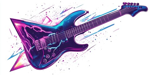 Obraz premium Electric guitar with neon glow and paint splatters.
