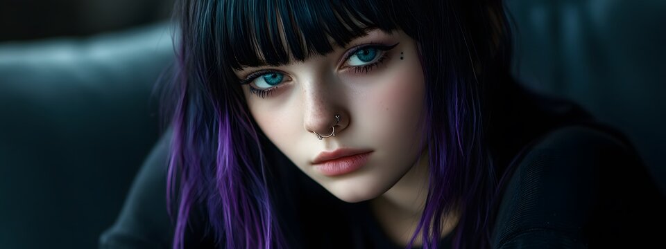 A girl with black and purple hair, blue eyes, a nose ring, pale skin, and dark, emo style