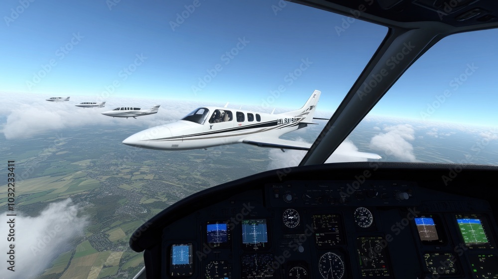Aufkleber a view from the cockpit of a private jet flying in formation with two other planes over a field of c